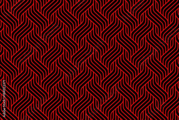 Obraz Geometric pattern of interlocking red lines on a black background, forming a continuous, woven, maze-like design.