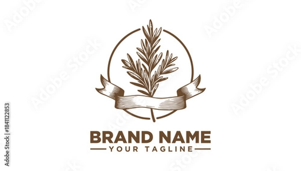 Fototapeta Vintage botanical logo vector illustration: elegant plant stem engraving icon with rustic banner.