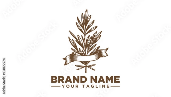 Fototapeta Elegant botanical branch logo vector illustration, featuring a vintage design with a ribbon banner, ideal for organic product branding and identity