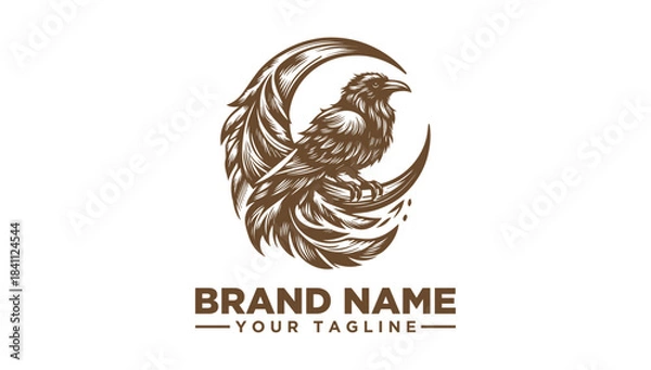 Fototapeta Vintage Raven and Crescent Moon Logo Vector Illustration Elegant detailed artwork for mystical brand identity and graphic design projects