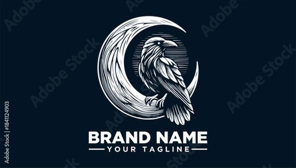 Fototapeta Mystical Raven perched on a Crescent Moon Vector Logo Illustration - Ethereal Bird Emblem