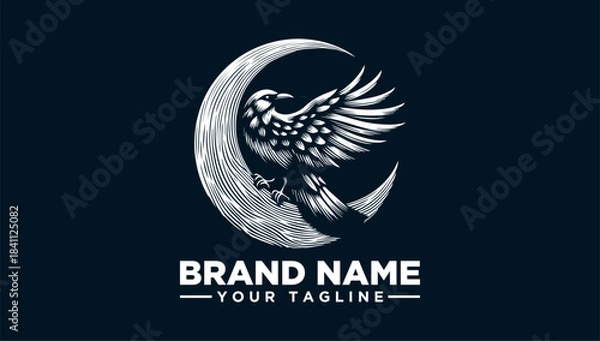 Fototapeta Majestic eagle on crescent moon logo vector illustration. Elegant vintage style bird of prey design for emblem, badge, or brand identity. Mythical artwork concept