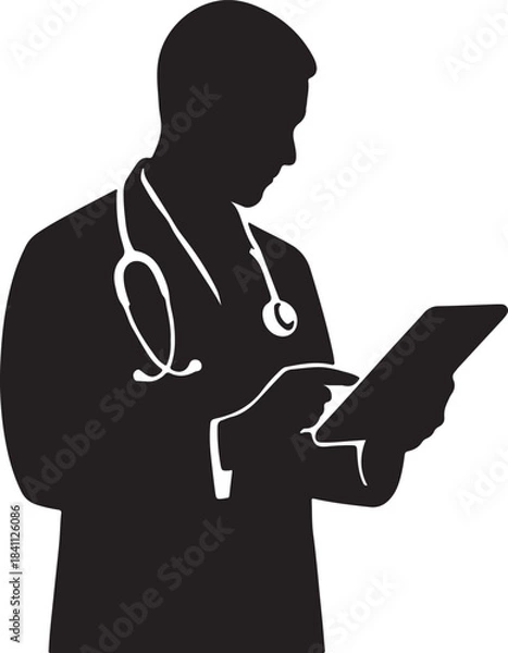 Obraz Medical practitioner silhouette utilizing technology for patient care and diagnostics