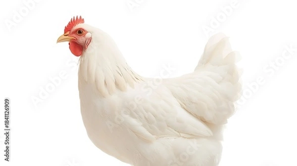 Fototapeta A white hen chicken stands against a clean white background