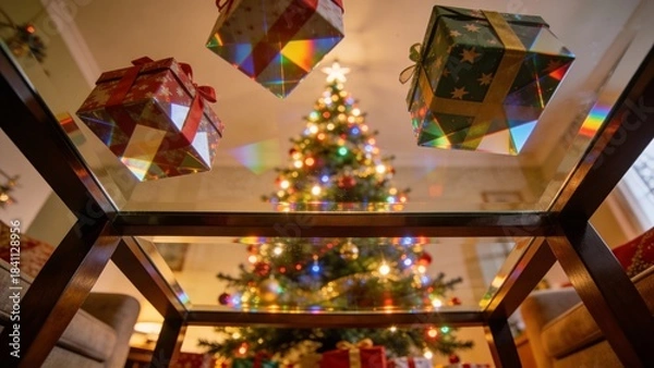 Obraz A cozy Christmas scene with gifts suspended above a beautifully decorated tree, ideal for capturing festive spirit and holiday joy.