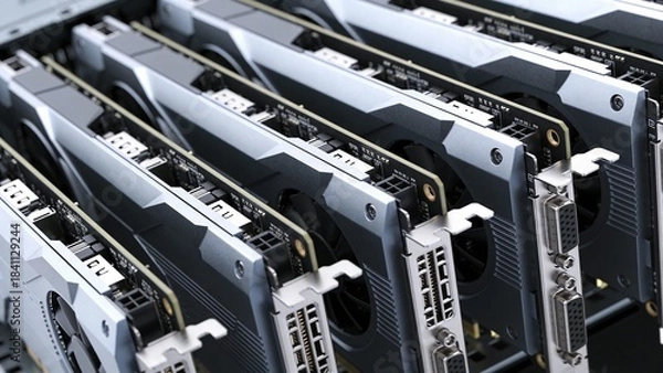 Obraz A close-up view of multiple graphics cards in a server, ideal for tech articles or hardware reviews.