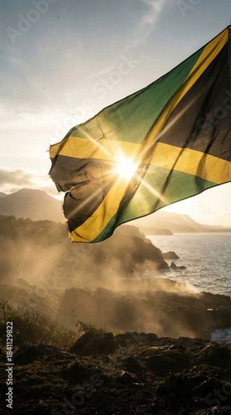 Obraz A Jamaican flag stands proudly against a breathtaking sunset over a coastal landscape, ideal for travel ads or nature-themed projects.