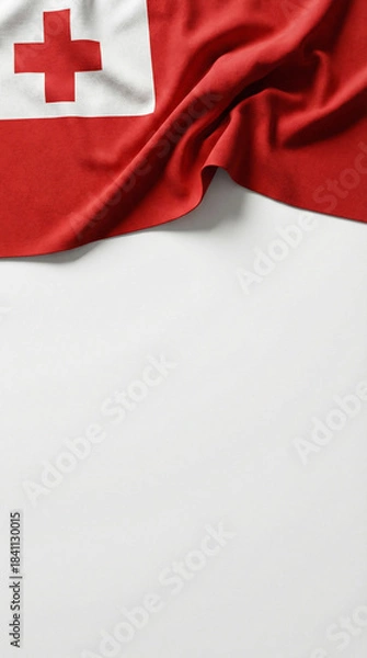 Obraz A close-up view of a red flag featuring a white square with a red cross, draped on a white surface.