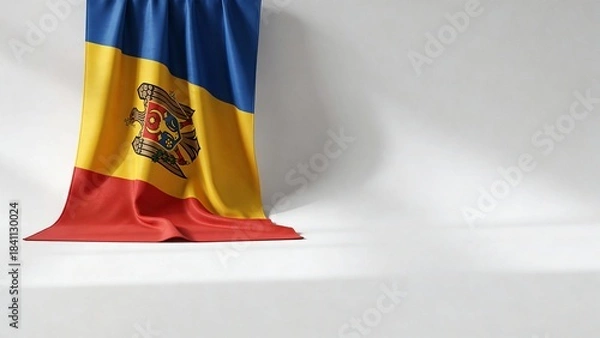 Obraz Elegant draped flag of Moldova showcasing blue, yellow, and red with the coat of arms. Suitable for artistic projects and cultural displays.