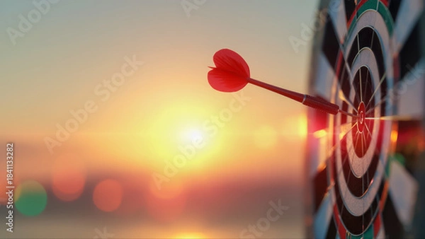 Obraz 夕暮れ時のボケた背景とダーツボードの中心に命中した赤い矢
