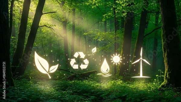 Fototapeta Sustainable Forest: Ecological Icons in a Lush Green Environment Representing Environmental Conservation