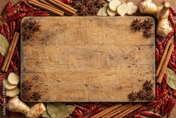 Obraz Top view flat lay frame of dried red chili peppers, cinnamon sticks, star anise and galangal on rustic wooden cutting board background with copy space. Spicy asian food cooking ingredients layout.