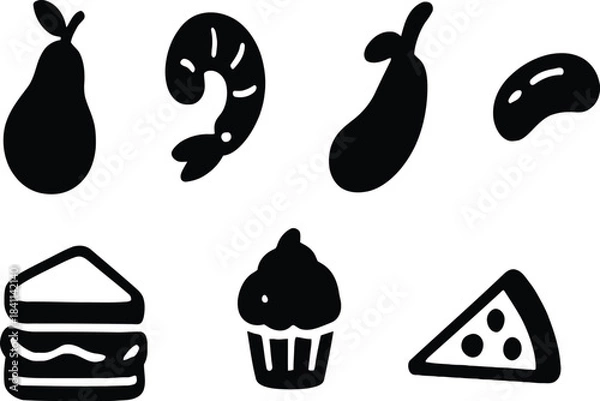 Fototapeta This graphic features a collection of food icons, including fruits, seafood, vegetables, and popular snacks and desserts. The bold silhouettes are perfect for enhancing menus, food-related graphics, o