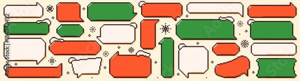 Fototapeta Set of Christmas pixel art empty speech bubbles. Red and green text clouds with snowy peaks and festive phrases.