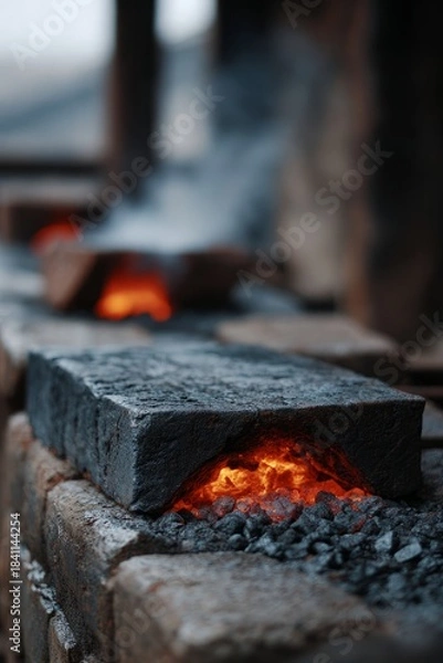 Obraz Blacksmith forge with glowing coals and metalwork.