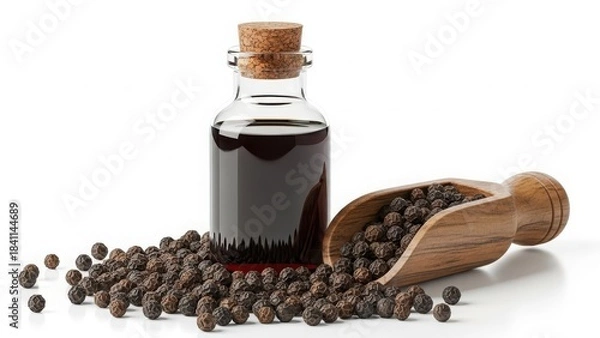 Obraz Small glass bottle filled with dark liquid next to a wooden scoop of peppercorns and scattered peppercorns on a white background