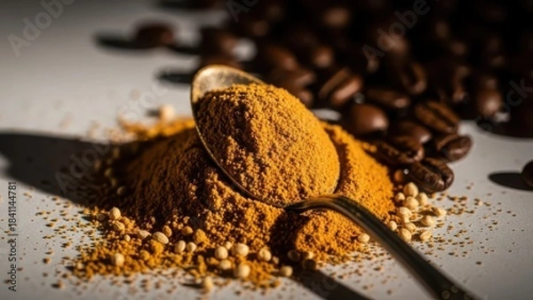 Obraz Close up of a metal spoon filled with aromatic spice blend next to roasted coffee beans on a textured surface