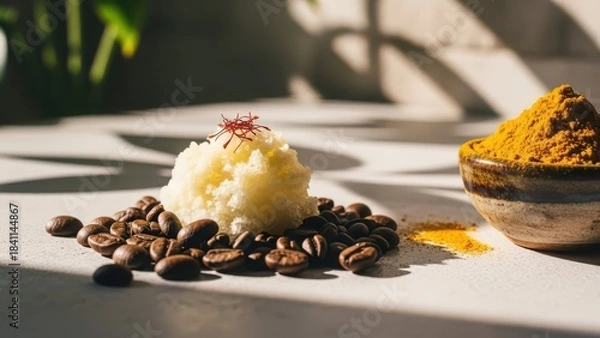Obraz A scoop of creamy white substance rests on a bed of roasted coffee beans with a small bowl of turmeric powder nearby