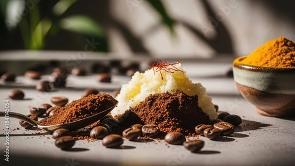 Obraz Rich chocolate powder and creamy topping with coffee beans and turmeric spice in a rustic setting