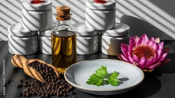 Obraz Aromatic black peppercorns and fresh parsley with olive oil and a pink lotus flower for spa or culinary use