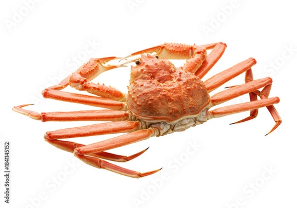 Fototapeta Perfectly boiled red snow crab in a symmetrical gourmet presentation, razor-sharp macro detail revealing glistening vermillion shell texture on an infinite white background. Concept of culinary
