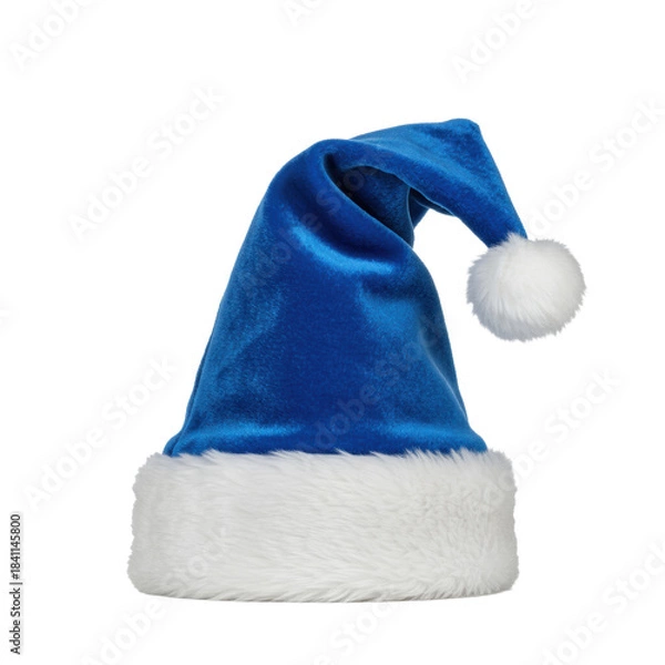 Fototapeta Single luxurious sapphire blue santa hat with transparent faux fur cuff and pom-pom, displayed in macro product photography against a transparent background. Concept of luxury holiday fashion