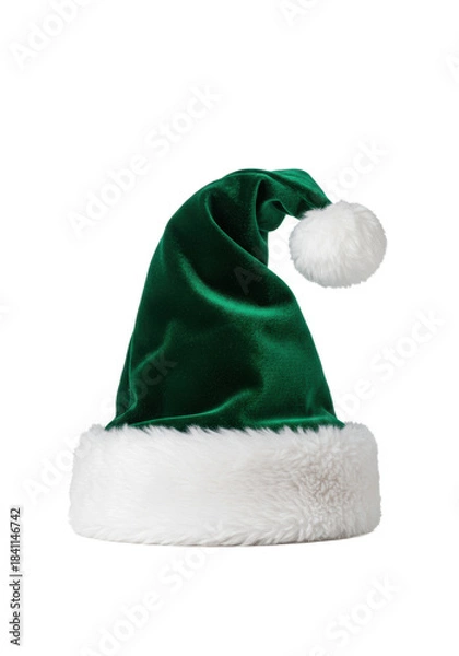 Fototapeta Extreme macro of luxurious emerald green velvet santa hat, thick white faux fur and pom-pom, isolated on a bright white studio background with copy space. Concept of christmas luxury and high-end