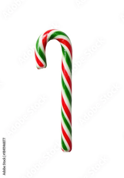 Fototapeta classic peppermint candy cane, glossy crimson red and emerald green stripes, isolated on transparent high-key studio background with copy space, extreme macro detail, concept of holiday tradition and