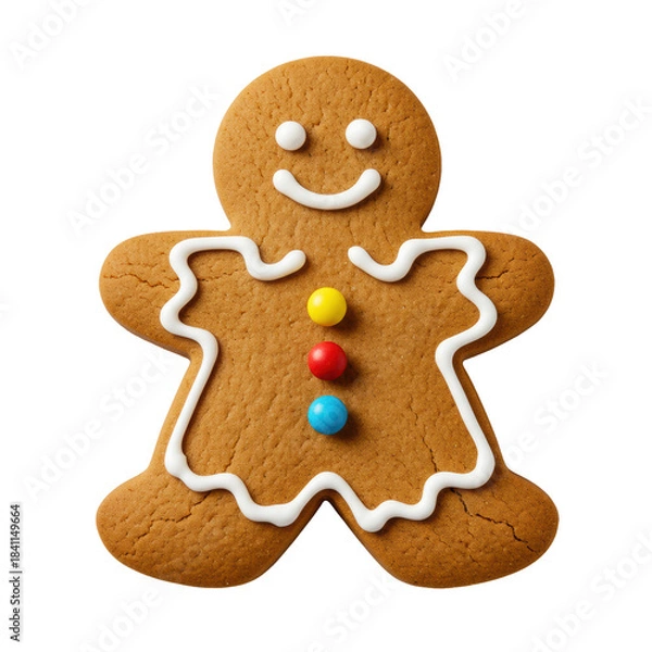 Fototapeta extreme macro shot of a single, detailed gingerbread woman cookie with white royal icing and vibrant candy buttons, isolated on a transparent background, concept of festive holiday baking treats