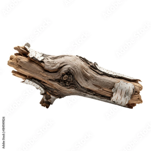 Fototapeta weathered, gnarled birch branch fragment with peeling white bark and dark exposed wood grain, isolated on a stark white background, meticulous macro focus. concept of organic texture and simplicity