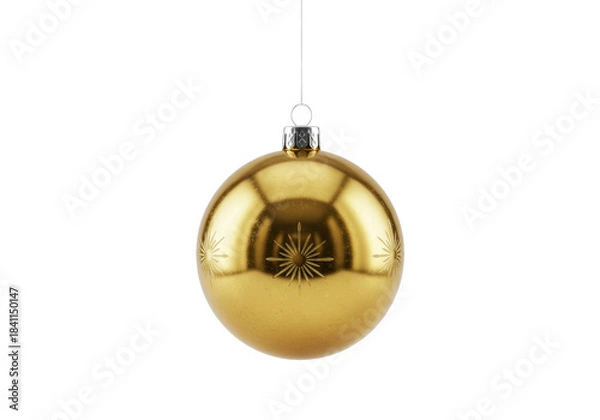 Fototapeta ultra-detailed, photorealistic macro shot of a single, highly polished metallic gold christmas bauble with an etched star pattern, hanging centered on a transparent background with copy space,