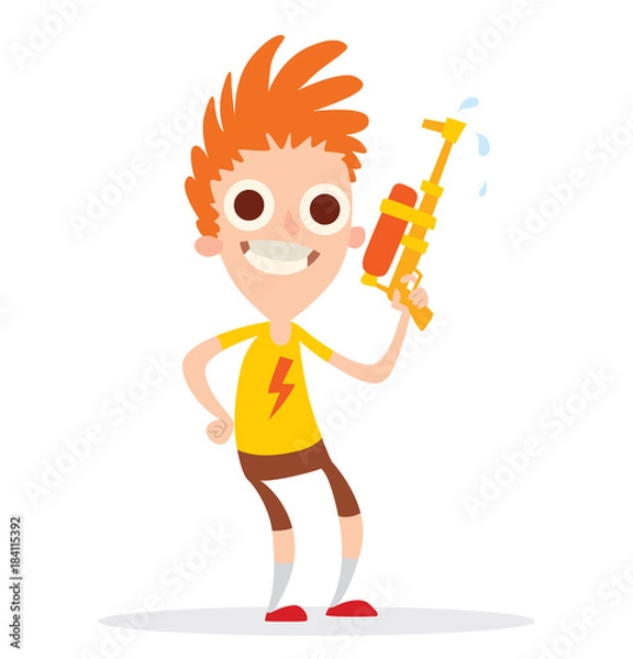 Fototapeta Vector cartoon image of a funny boy with big eyes, with ginger curly hair in brown shorts and a yellow t-shirt with an orange-yellow water gun in his hand on a white background. Vector illustration.