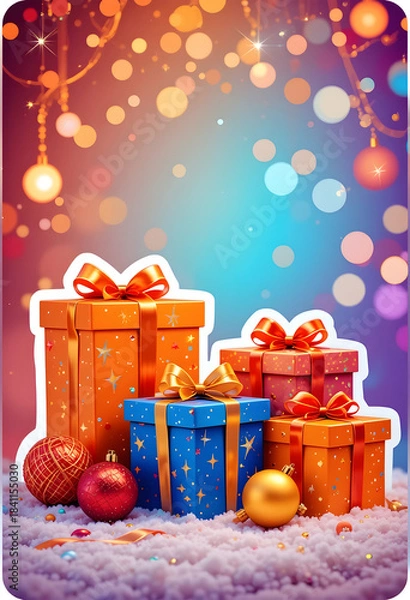 Fototapeta Orange violet gradient with gift boxes shiny ribbons red yellow ornaments thin iridescent threads and glowing bokeh
