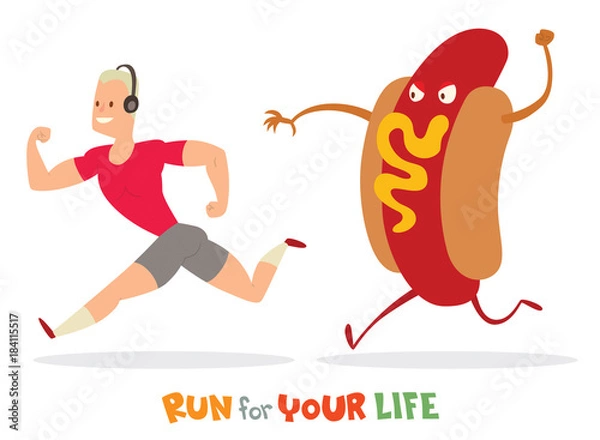 Fototapeta Vector cartoon image of a man with blond hair in a pink t-shirt and gray shorts runaway from a huge colored Hot Dog on a white background. In the theme of a healthy lifestyle. Vector illustration.
