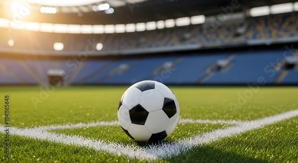 Fototapeta Soccer ball on the corner of a grass field inside a large stadium