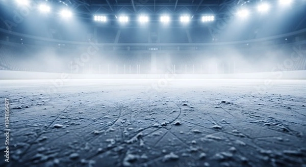 Fototapeta Dramatic view of an empty ice hockey rink under bright stadium lights