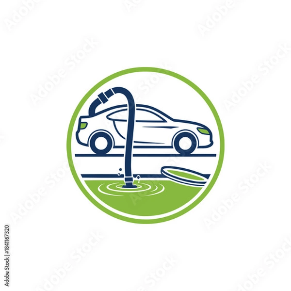 Fototapeta A graphic logo depicting a car discharging green liquid from its exhaust into a puddle on the road, symbolizing vehicle pollution and environmental impact.