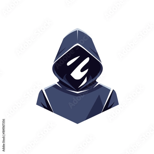 Fototapeta A dark blue hooded figure with a mysterious face obscured by shadow, representing anonymity or a hacker.