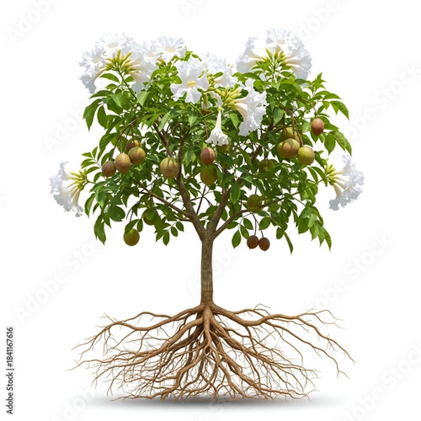 Fototapeta Rohitaka tree sapling with roots white flowers and pods