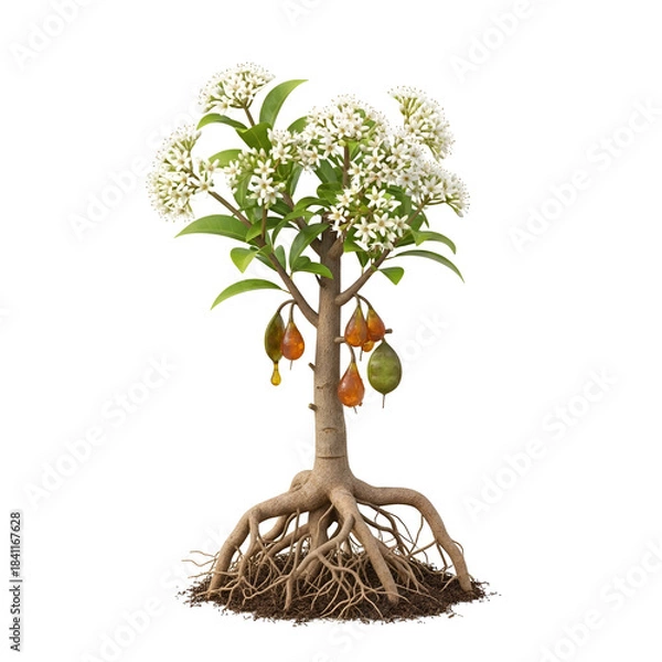 Fototapeta Salai guggul tree sapling with roots flowers and resin pods