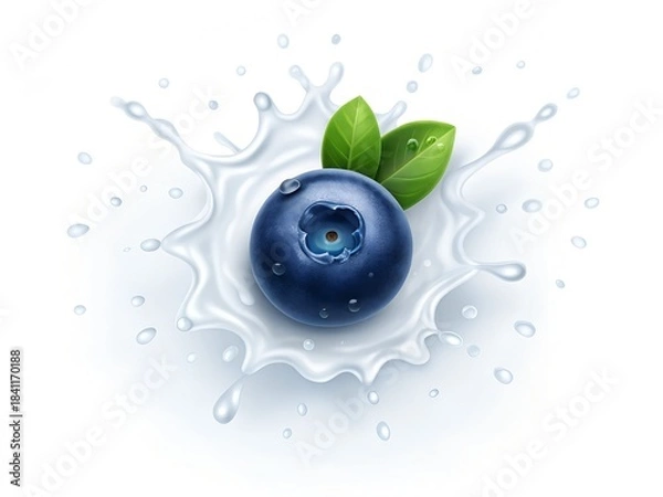 Fototapeta Blueberry with Tiny Leaf in Micro Droplet Splash