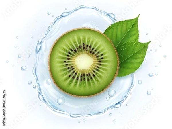 Fototapeta Kiwi with Leaf Surrounded by Water Splash Arc