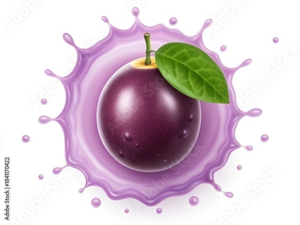 Fototapeta Passionfruit with Leaf in Purple Juice Splash