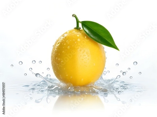 Fototapeta Lemon with Leaf Hit by Clear Water Splash