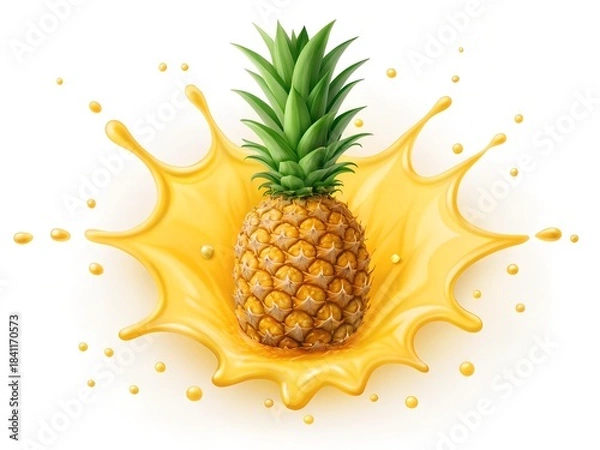 Fototapeta Pineapple with Crown Leaf in High-Energy Juice Explosion