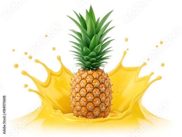 Fototapeta Pineapple with Crown Leaf in Dynamic Juice Splash