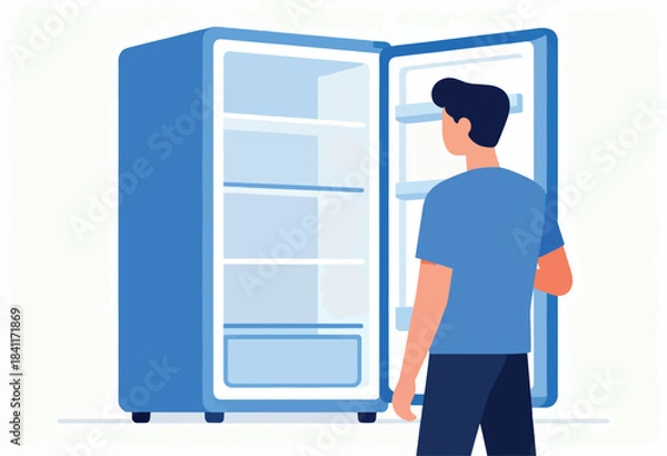 Obraz A person in a blue shirt stares at an empty fridge. The refrigerator's door is open