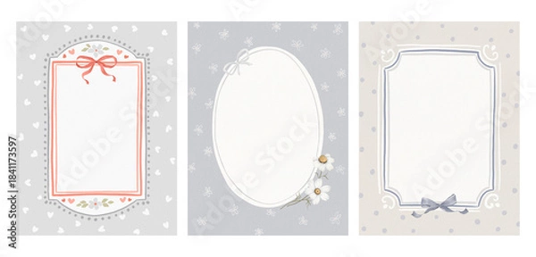 Obraz Set of whimsy frames with delicate watercolor chamomile, bows and hearts on delicate texture backgrounds. Cute collection of prints for your text, photo or design card. Hand drawn illustration.