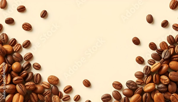Fototapeta Scattered Roasted Coffee Beans on Creamy Beige Background, Realistic Texture Ideal for Coffee Shop Branding, Menu Designs, Food Packaging, and Beverage Industry Graphics