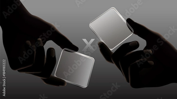 Obraz Two Silhouette Hands Interacting with Transparent Glass Panels on Minimal Dark Background